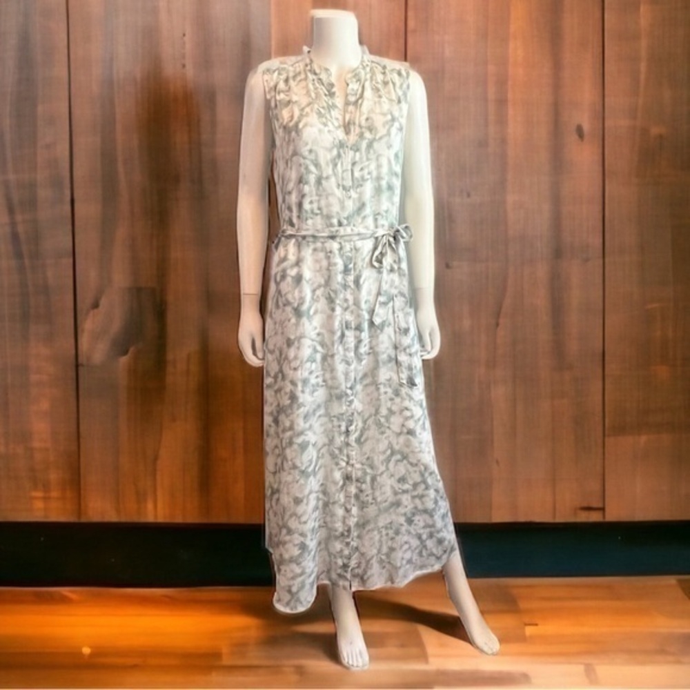 Anthropologie Cloth & Stone Maxi Dress Boho Green White Button Front Lined M - Picture 2 of 8